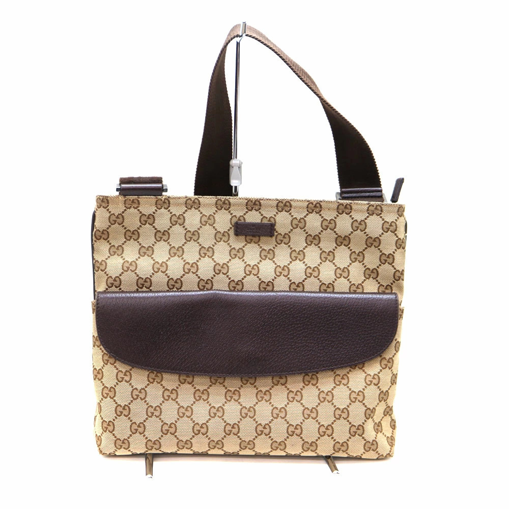 GUCCI Shoulder Bag Leather Canvas Brown Beige